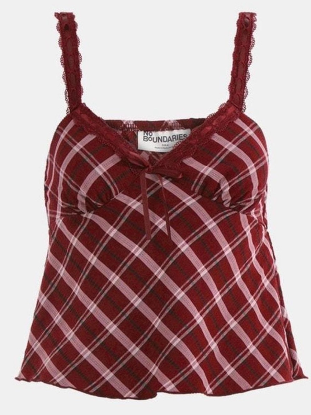 No Boundaries Maroon Plaid Satin Lace-Trim Tank